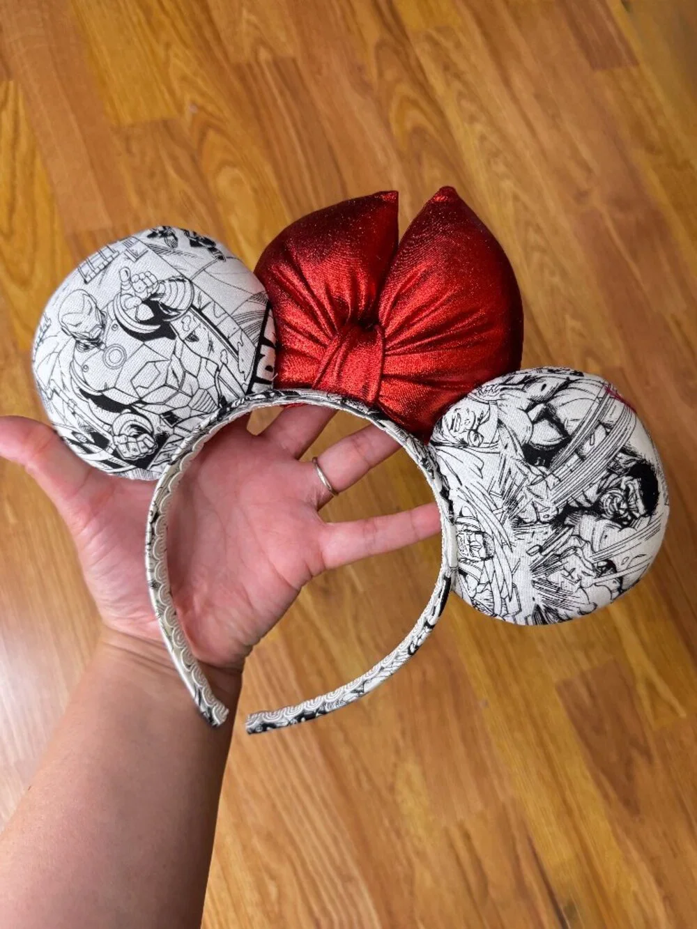 Marvel Comic Book Handmade Minnie Mouse Ears Headband - Metallic Red Bow